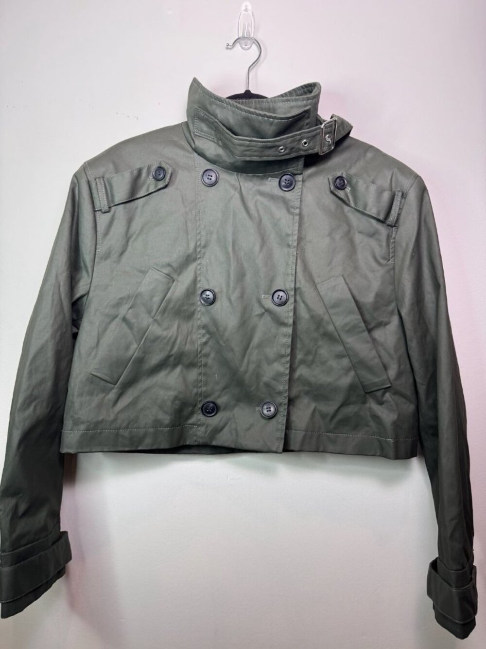ZARA WOMAN DARK KHAKI CROPPED WAXED CROP TRENCH COAT L VIRAL